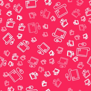 Kırmızı zemin üzerinde fare simgesi olan beyaz çizgi Elektronik kitabı izole edilmiş. Çevrimiçi eğitim kavramı. E-kitap rozet ikonu. Vektör