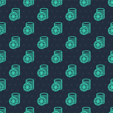 Yeşil çizgi Altın Leprikan madeni para, yonca folyo yaprağı ikonu, mavi arka planda izole edilmiş pürüzsüz desen. Aziz Patrick gününüz kutlu olsun. Ulusal İrlanda bayramı. Vektör