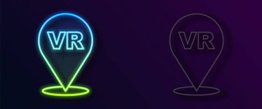 Parlayan neon hattı Sanal gerçeklik simgesi siyah arkaplanda izole edildi. Gelecekçi VR baş ekran tasarımı. Vektör