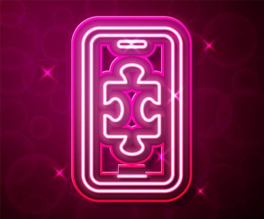 Parlayan neon hattı Smartphone ve kırmızı arkaplanda izole edilmiş oyun simgesinde oynanıyor. Mobil oyun konsepti. Vektör
