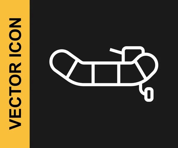 White Line Inflatable Boat Outboard Motor Icon Isolated Black Background — Stok Vektör