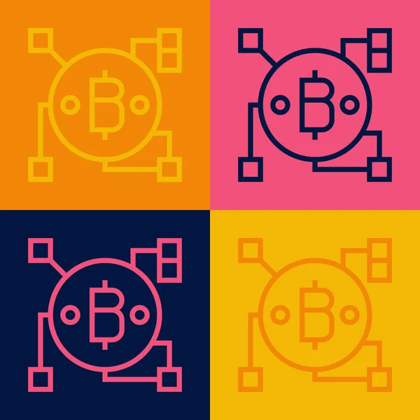 Pop Art Line Blockchain Teknolojisi Bitcoin Simgesi Renk Arkaplanında Izole — Stok Vektör