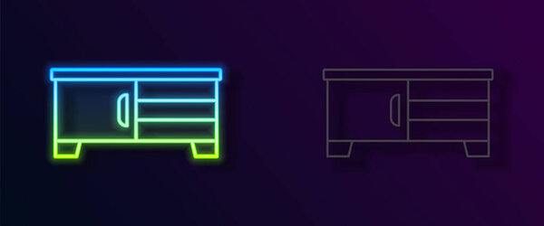Glowing neon line TV table stand icon isolated on black background.  Vector