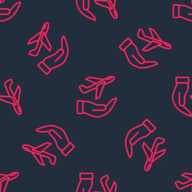 El ikonunda kırmızı çizgi düzlemi siyah arkaplanda izole edilmiş kusursuz desen. Uçan uçak. Uçak sigortası. Güvenlik, güvenlik, koruma, konsept koruma. Vektör