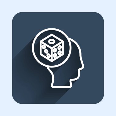 Beyaz çizgi Oyun zar simgesi uzun gölge arkaplan izole. Kumarhane kumarı. Mavi kare düğme. Vektör