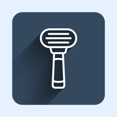 Tıraş makinesi simgesi uzun gölgeli beyaz çizgi. Mavi kare düğme. Vektör