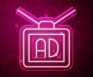 Parlayan neon hattı reklam simgesi kırmızı arkaplanda izole edildi. Pazarlama ve tanıtım süreci kavramı. İlgili reklamlar. Sosyal medya reklamcılığı. Vektör