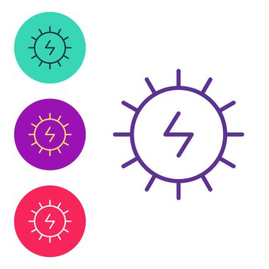 Beyaz arkaplanda Güneş enerjisi simgesini izole et. Yıldırım sembollü güneş. Simgeleri renklendirin. Vektör