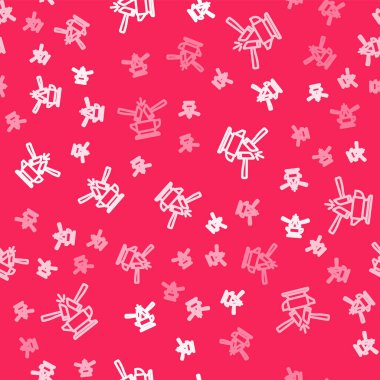 Beyaz çizgi demirci örs aracı ve çekiç simgesi kırmızı zeminde izole edilmiş pürüzsüz desen. Metal dövmesi. Kalpazanlık aleti. Vektör