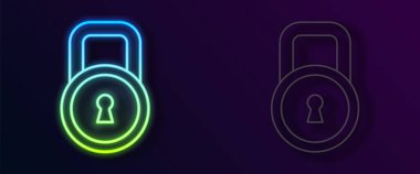 Parlayan neon çizgi simgesi siyah arkaplanda izole edildi. Asma kilit işareti. Güvenlik, güvenlik, koruma, gizlilik kavramı. Vektör