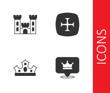 Kral tacını, Kale 'yi ve Haçlı Seferi ikonunu hazırla. Vektör