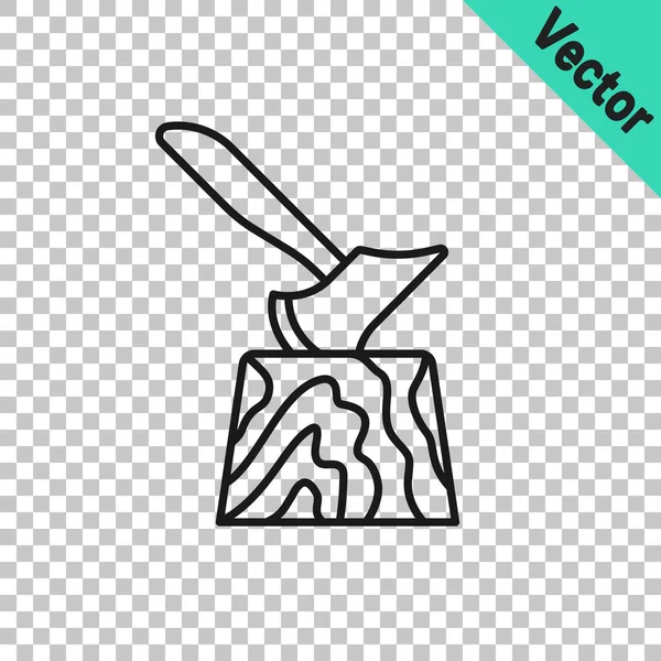 Black Line Wooden Axe Stump Icon Isolated Transparent Background Lumberjack — Stock Vector