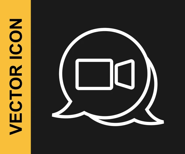 Fehér Vonal Video Chat Konferencia Ikon Elszigetelt Fekete Háttérrel Online — Stock Vector