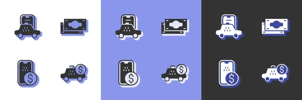 Set Taximeter Gerät Mobile App Mobile Banking Und Stacks Papiergeld — Stockvektor