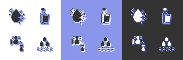 Ρυθμίστε Σταγόνα Νερού Βρύση Και Μπουκάλι Νερό Γυάλινο Εικονίδιο Διάνυσμα — Διανυσματικό Αρχείο