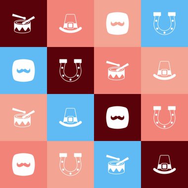 Pop müzik davulunu bagetlerle, leprikon şapkayla, bıyıkla ve at nalı ikonuyla ayarla. Vektör