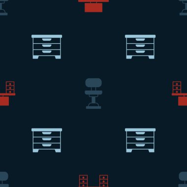 Ofis masası, sandalye ve göğüs çekmecelerini pürüzsüz bir şekilde ayarla. Vektör