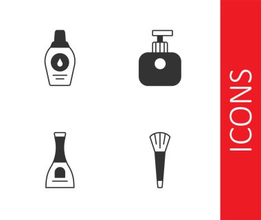 Makyaj fırçası, bir şişe şampuan, tırnak cilası ve el kremi ikonu. Vektör