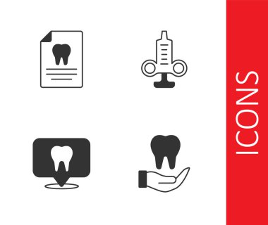 Tooth 'u ayarla, dişçi kartlı pano, dişçi kliniği konumu ve şırınga ikonu. Vektör