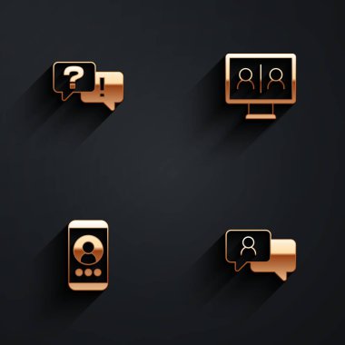 Soru ve Yanıt 'ı, görüntülü sohbet konferansını ve uzun gölgeli konuşma balonu simgesini ayarla. Vektör