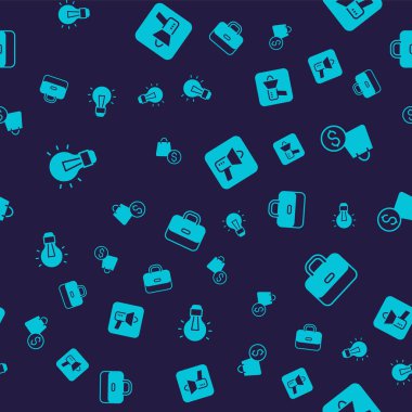 Ampul, alışveriş torbası ve dolar, megafon ve evrak çantasını pürüzsüz desenlere ayarlayın. Vektör