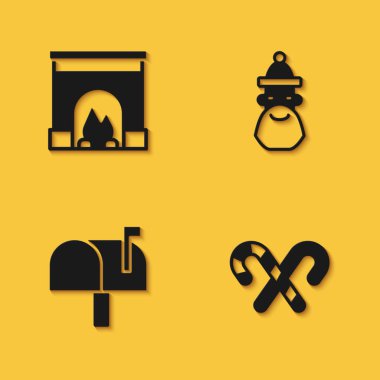 İç şömine, çizgili baston şekeri, posta kutusu ve uzun gölgeli Noel Baba şapkası ikonu. Vektör