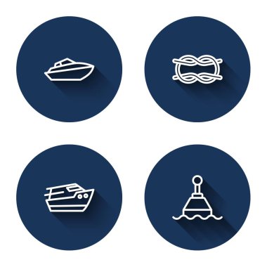 Hız teknesi, halat düğümleri ve uzun gölgeli yüzen şamandıra. Mavi daire düğmesi. Vektör