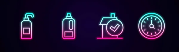 设置系列抗菌肥皂 洗涤剂瓶 家居清洁服务及钟表 发光的霓虹灯图标 — 图库矢量图片