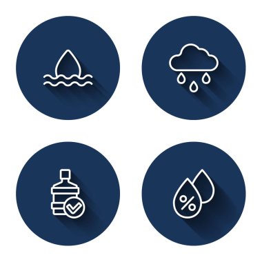 Hattı kurun. Yağmurlu Bulut, büyük şişe temiz su ve uzun gölgeli yüzde. Mavi daire düğmesi. Vektör