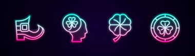 Cüce çizme, yonca yapraklı baş, dört ve altın leprikon sikke. Parlayan neon ikonu. Vektör