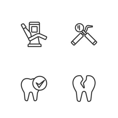 Kırık diş, diş, tıbbi sandalye, diş aynası ve sonda ikonu. Vektör