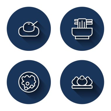 Sıra Mochi 'de, kasede Asya eriştesi, uzun gölgeli pirinç ve hamur tatlısı. Mavi daire düğmesi. Vektör