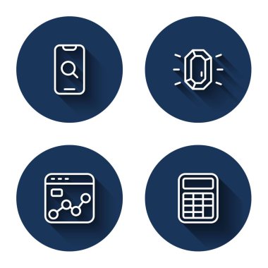 Çizgi büyüteç, cep telefonu, elmas, pazar analizi ve uzun gölgeli hesap makinesi. Mavi daire düğmesi. Vektör