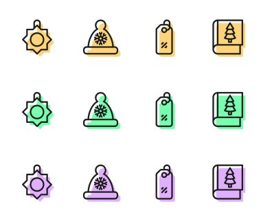 Yüzde indirim etiketi, Noel oyuncağı, Noel Baba şapkası ve kitap ikonu. Vektör