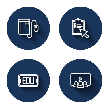 Fare Online Sınav Anketi Eğitimi ve uzun gölgeli sınıf ile Elektronik Kitap ayarla. Mavi daire düğmesi. Vektör.