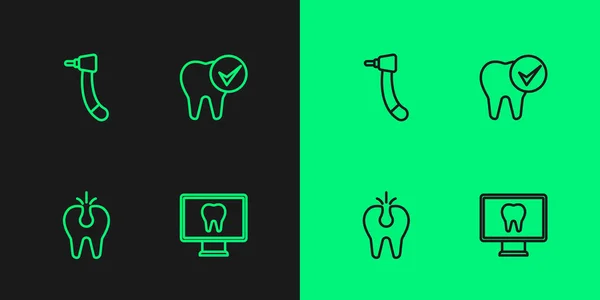 Ustaw Linię Opieka Stomatologiczna Online Złamany Ząb Wiertarka Zębów Ikona — Wektor stockowy