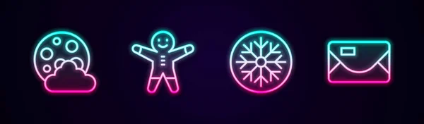 设置行圣诞之夜 假日姜饼人饼干 雪花和信封 发光的霓虹灯图标 — 图库矢量图片