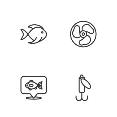 Balıkçılık oltası yemi balıkçılığı ve dıştaki tekne motor ikonunu ayarla. Vektör.