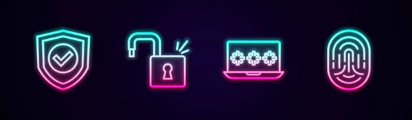 Установите Флажок Open Padlock Laptop Password Fingerprint Светящаяся Неоновая Икона — стоковый вектор