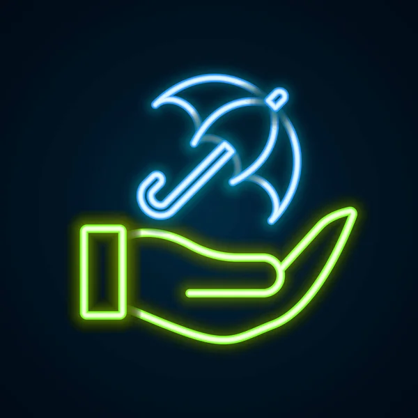 Glowing Neon Line Umbrella Hand Icon Isolated Black Background Insurance — Stockový vektor