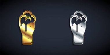 Siyah arka planda izole edilmiş altın ve gümüş bardak bira ikonu. Uzun gölge tarzı. Vektör