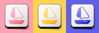 Isometric Yat yelkenlisi ya da yelkenli ikonu pembe, sarı ve mavi arka planda izole edilmiş. Yelkenli deniz seyahati. Kare düğmesi. Vektör