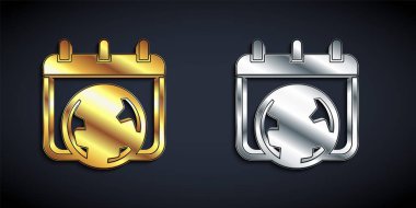 Dünya 'nın altın ve gümüş rengi ikonu siyah arka planda izole edildi. Çevre dostu dünya. Ekoloji ve doğa kavramı. Uzun gölge tarzı. Vektör