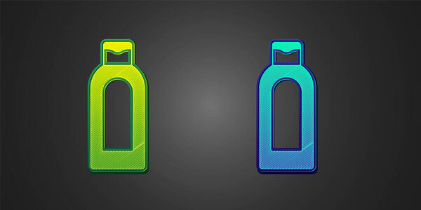 Green and blue Bottle of shampoo icon isolated on black background.  Vector