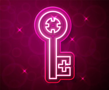 Parlayan neon hattı Kırmızı arkaplanda eski anahtar simgesi izole edildi. Vektör