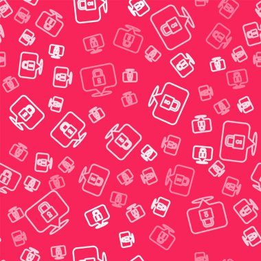 Kırmızı arkaplanda beyaz çizgi kilidi simgesi izole edildi. Asma kilit işareti. Güvenlik, güvenlik, koruma, gizlilik kavramı. Vektör