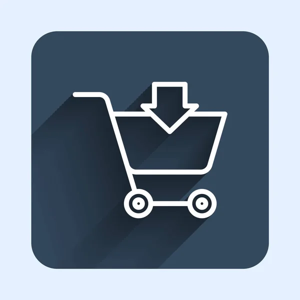 白线添加到购物车图标隔离长阴影背景 网上购物的概念 送货服务标志 超级市场篮子的象征 蓝色正方形按钮 — 图库矢量图片