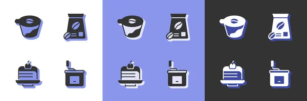 stock vector Set Manual coffee grinder, Pour over maker, Piece cake and Bag beans icon. Vector