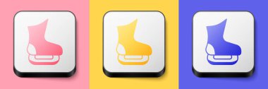 Pembe, sarı ve mavi arkaplanda izole edilmiş Isometric Paten ikonu. Buz pateni ayakkabısı ikonu. Kılıçlı spor botlar. Kare düğmesi. Vektör.