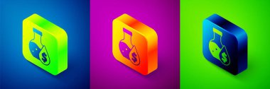 Isometric Oil petrol test tube icon isolated on blue, purple and green background. Cmemistry flask and falling drop. Square button. Vector.